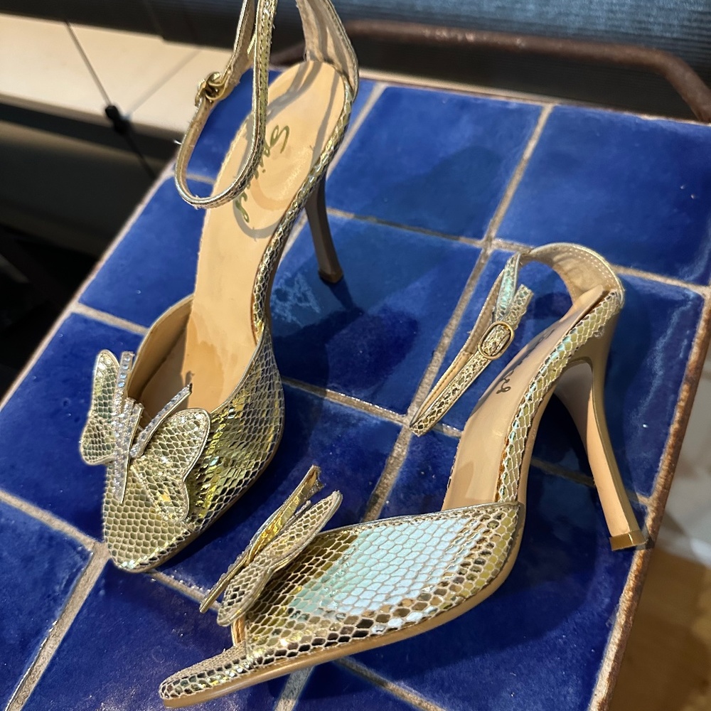 Gold Snakeskin High Heel Sandals w/ Butterflies Toes by Spiegel - 7M